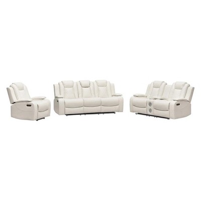 Power Reclining Sofa Set White Faux Leather 3-Piece & LED Lights Speaker Wire...