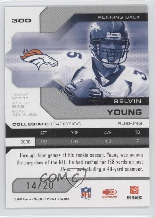 2007 Leaf Limited Rookie Spotlight Silver /20 Selvin Young #300 Rookie RC - Image 2 of 2