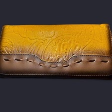 Western Hand Tooled Leather Wallet Yellow Brown Whipstitch Laced Floral Trifold
