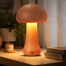 LONRISWAY Small Wood Mushroom Lamp, LED Cordless Bedside Touch, S, Brown