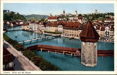 Luzern Switzerland City View River Bridge Buildings Postcard