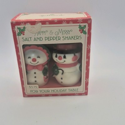 Hallmark Salt & Pepper Shakers Christmas Happy Merry Snowman Porcelain S & P set