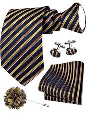 Zipper Ties for Men Pre-Tied Tie Set Silk Paisley Royal Blue and Yellow