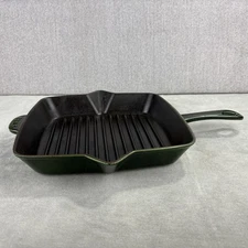 Staub Cast Iron Grill Pan Square 10” Basil Green w/ Two Handles & Spouts