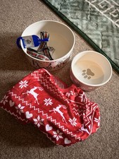 2x Dog Bowls, 1x Collar And 1x all in one winter outfit