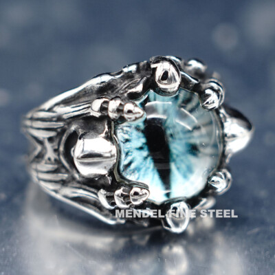 MENDEL Cool Mens Stainless Steel Dragon Claw Blue Evil Eye Eyeball Ring Sz 7-15