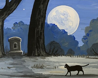 ACEO to Grandmothers House We Go Halloween Black Cat Ryta Witch Haunted Vintage Style Autumn Fall Print of Painting Landscape Folk Art Lake