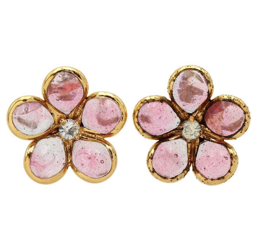 CHANEL SV925 Gripoix Rhinestones Flower Pierced Earrings