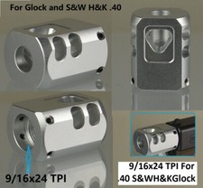 9/16x24 9/16-24 TPI Fit Glock S W 40 .40 Muzzle Brake Compensator AluminumSilver