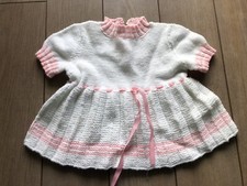 Vintage Handmade Hand Knit Sweater Dress Baby Pleats White Pink SZ 1
