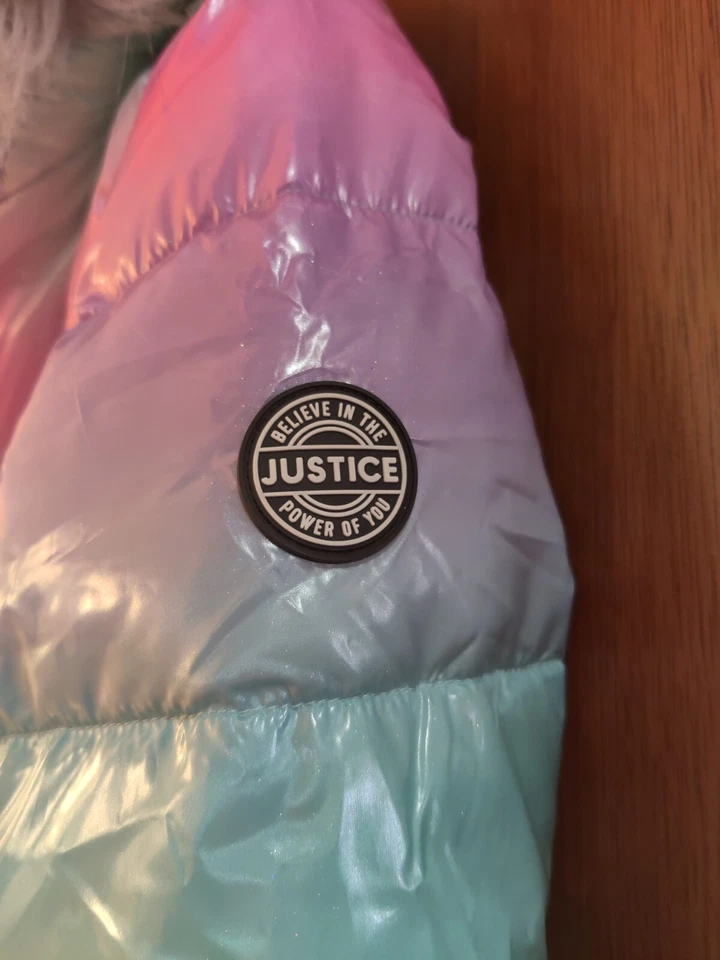 Justice Girls Rainbow Pink & Blue Hooded Ski Jacket Winter Puffer Coat XL 16-18 - Image 3 of 4