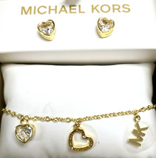 MICHAEL KORS GOLD TONE,SET OF 3 CHARMS HEART,MK BRACELET & STUD EARRINGS MKJ7819