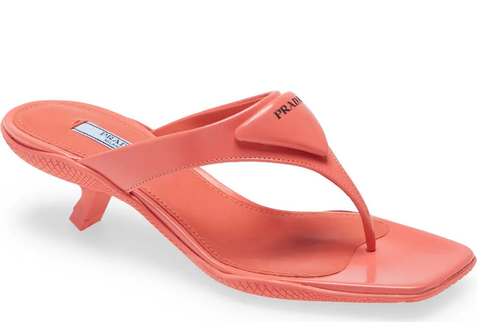PRADA Triangle Logo Leather Kitten-Heel Thong Sandals PRADA Triangle Logo Leather Kitten-Heel Thong Sandals