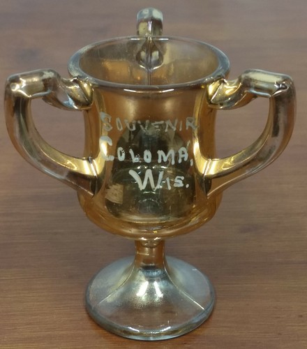 EAPG Souvenir COLOMA WI Wisconsin Glass Loving Cup Trophy Gold TOOTHPICK HOLDER