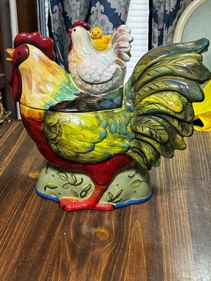 Chicken Rooster, Hen And Chick Cookie Jar Ceramic Certified International Susan