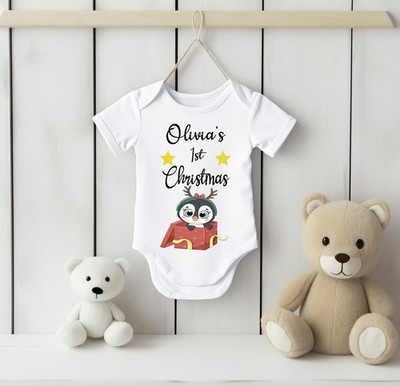 Personalisierte erste Weihnachten Pinguin Baby Kurzarm Weste Strampler 295