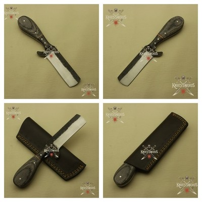 Handmade Carbon Steel Cleaver Knife with Grey Wood Handle & Leather Sheath