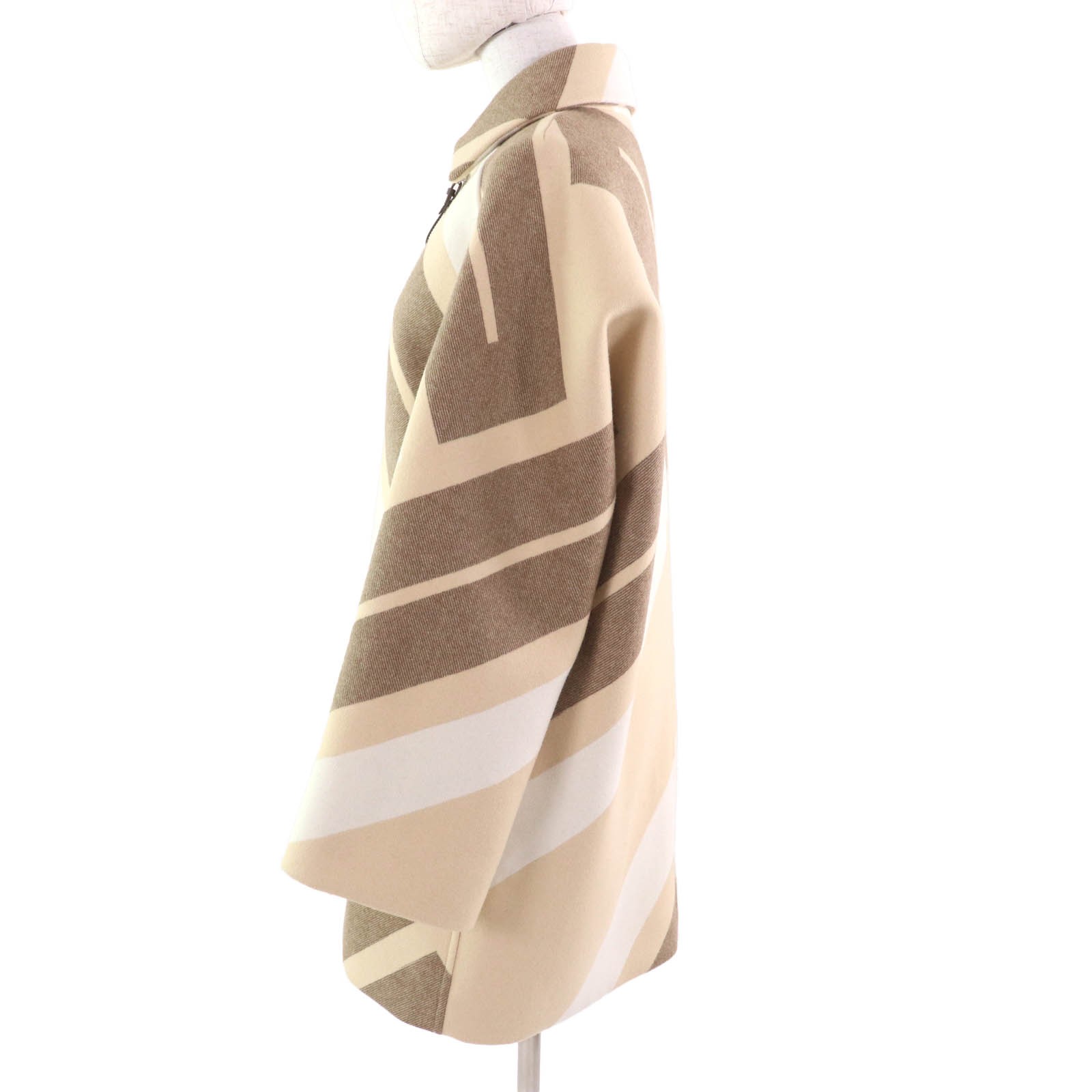 HERMES coat Leather zip raglan sleeve mosaic Beige brown wool Women 36 2H0133DI thumbnail 2