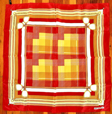 Vtg CELINE PARIS Harness Stirrup Plaid 100% Silk SCARF Red Yellow 26''x26'' Italy