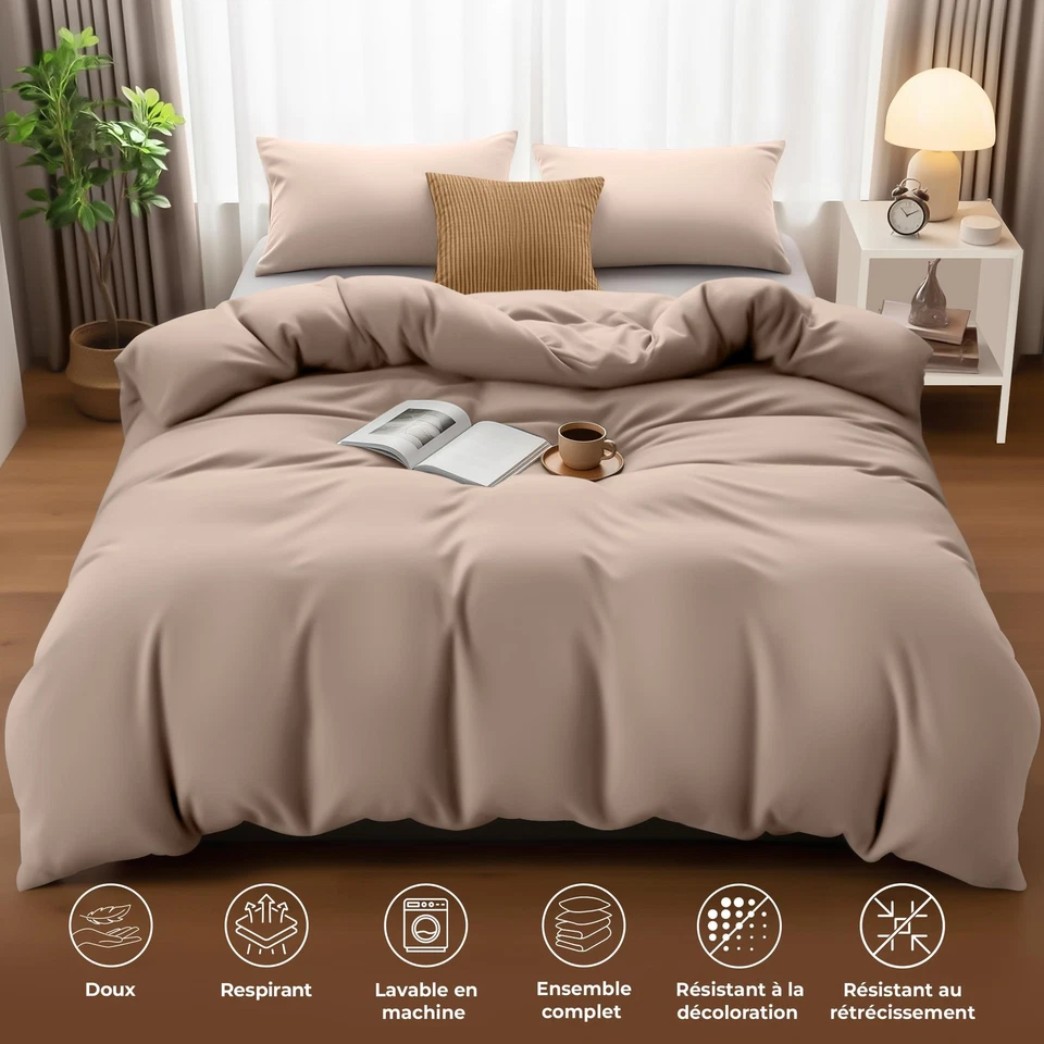 Housse de Couette 230x220 cm avec 2 Taies d'oreiller 50x75 cm (Beige) - Photo 2/4