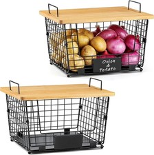 2 Set Stackable Wire Basket W/ Bamboo Tops  Tag- Pantry Organizer  Storage