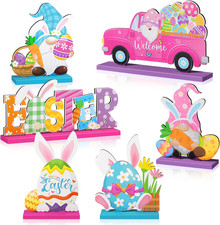 6 Pcs Easter Table Signs Wooden Happy Easter Table Centerpiece Bunny Sign Decora