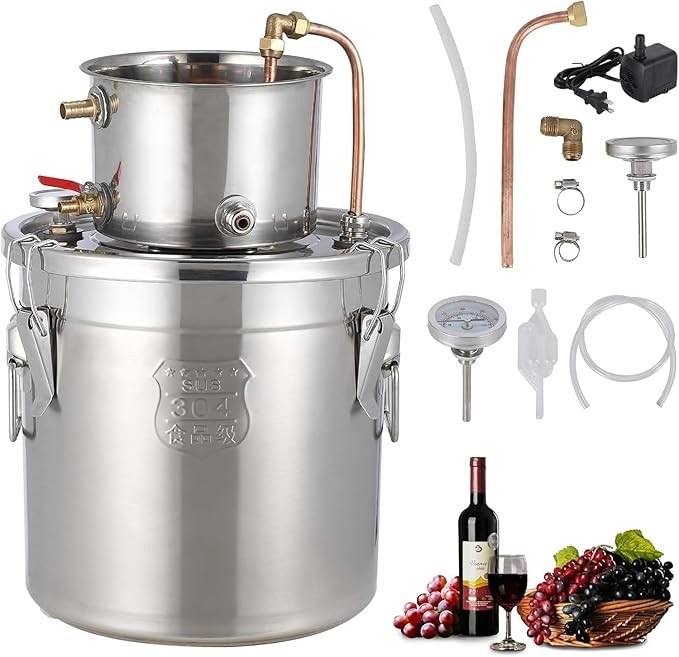 Double Chilled Alcohol Still - Stainless Steel Distiller+Copper Tube&Thermometer
