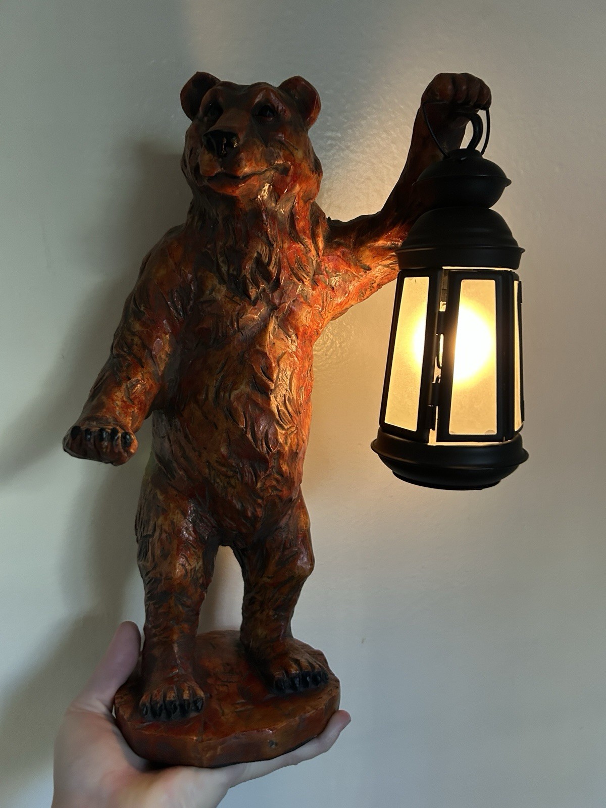 VTG Black Forest Bear Lamp Holding Lantern Hand Painted Resin Cabin