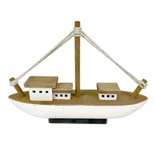 13.5in Wood Fishing Boat Statue Nautical Decor Handcrafted Ship Modell