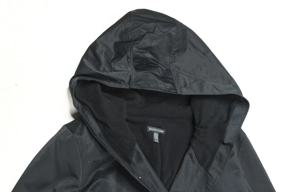 Chaqueta Eileen Fisher para mujer mediana negra manga larga capucha forrada de vellón a presión Foto 3 de 4