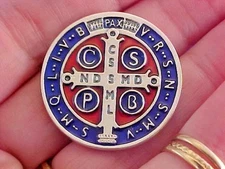 Rare St BENEDICT Pocket Token Protection 1-1/8" Saint Medal ENAMEL Red Blue
