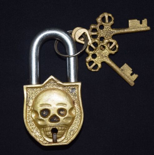 Skull Design Brass Lock Handmade Protect For Black Magic Safety Door lock BM177 - Afbeelding 1 van 6