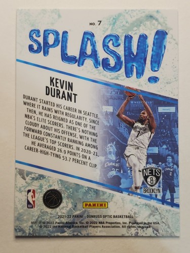 2021-22 Donruss Optic Splash! #7 Kevin Durant ~ Brooklyn Nets - Picture 2 of 2