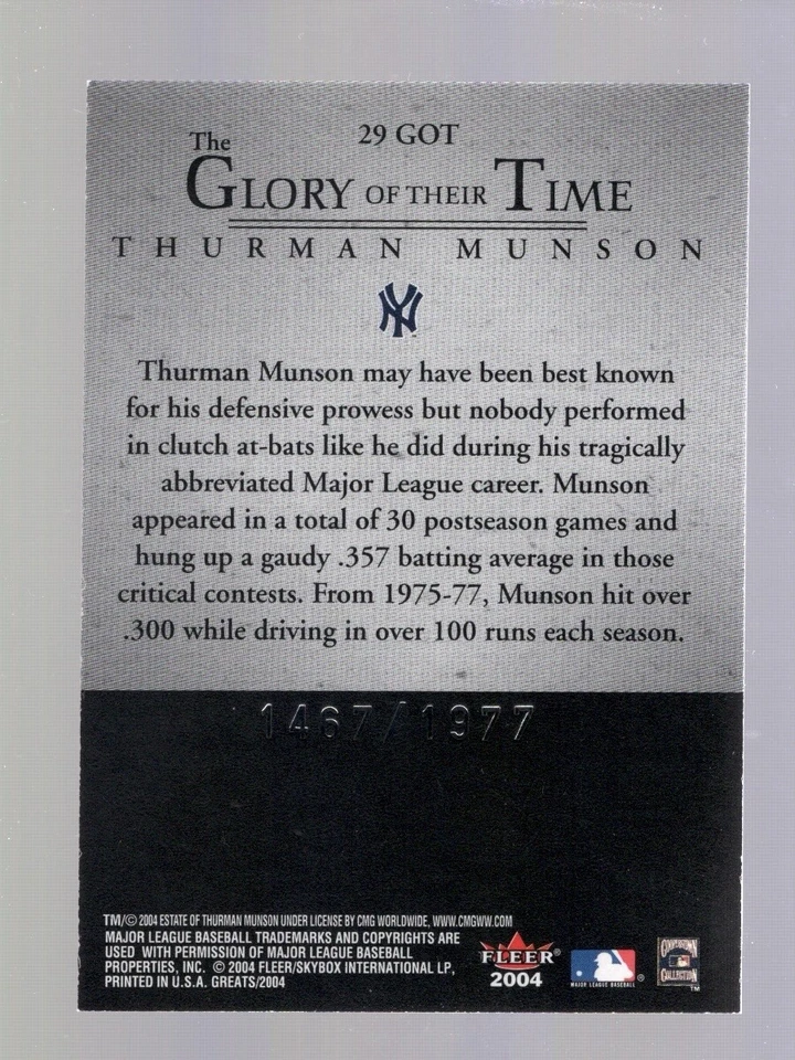 2004 Fleer Greats Glory of Their Time #29 Thurman Munson. 1467/1977 - Image 2 of 2