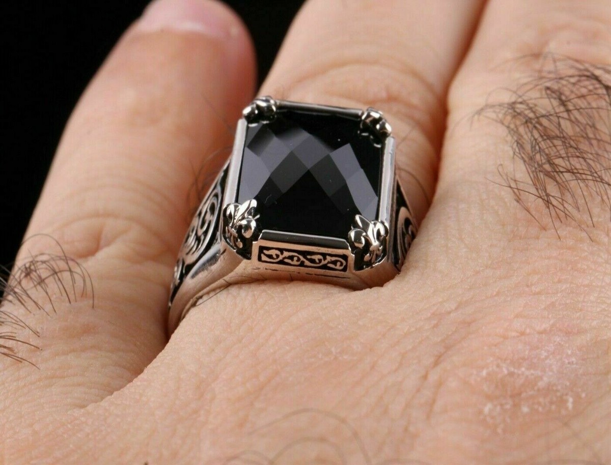 Vintage Two Tone Agate Ring - 925 Sterling Silver With Black Onyx, Turkish Handmade
