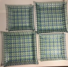 Tempered Glass Plates Basketweave Textured Blue Green Plaid 2 Dinner 2 Salad
