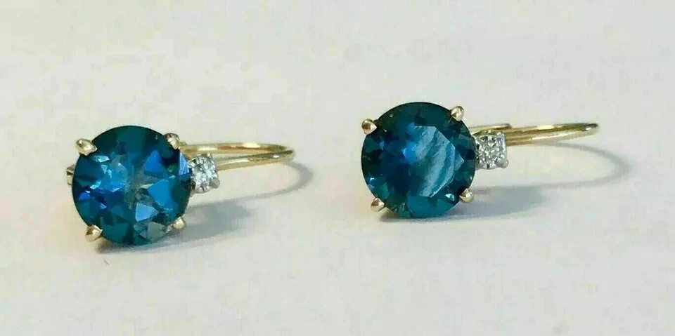 Drop Gift Earring 14K Yellow Gold Plated 2Ct Round Lab Created London Blue Topaz - Image 2 of 4