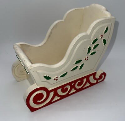 Florist White Wood Sleigh Planter With Holly Design 7x4''x5'' Vintage 1985 FTD SEE
