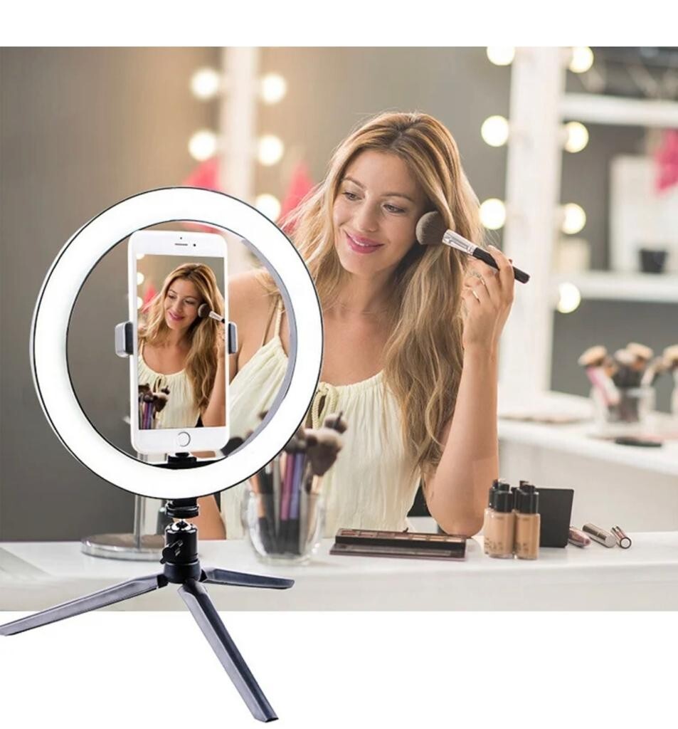 Selfie Ring Light with Adjustable Tripod Stand, Universal Phone Holder, and Dimmable LED Lighting for Perfect Desktop Photography and Video Calls-image