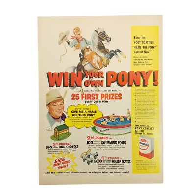 1955 Post Toasties Corn Flakes Vintage Print Ad Roy Rogers Name The Pony Contest
