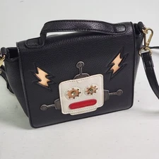 Charming Charlie Black Faux Leather Purse Robot Ai Jewel Eye Design Handle Strap