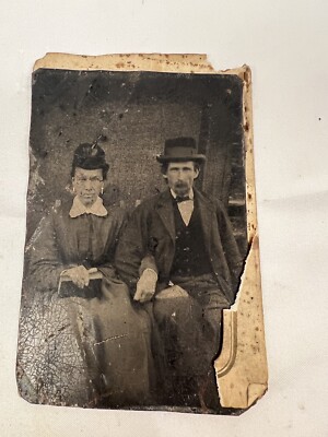 Antique Tintype Couple Expressive Woman & Dapper Man Vintage