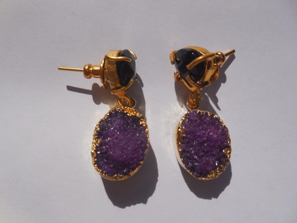 Druzy Geode Purple Earring With Black Onyx Dangle Gemstone Jewelry Gold Edge - Image 3 of 3