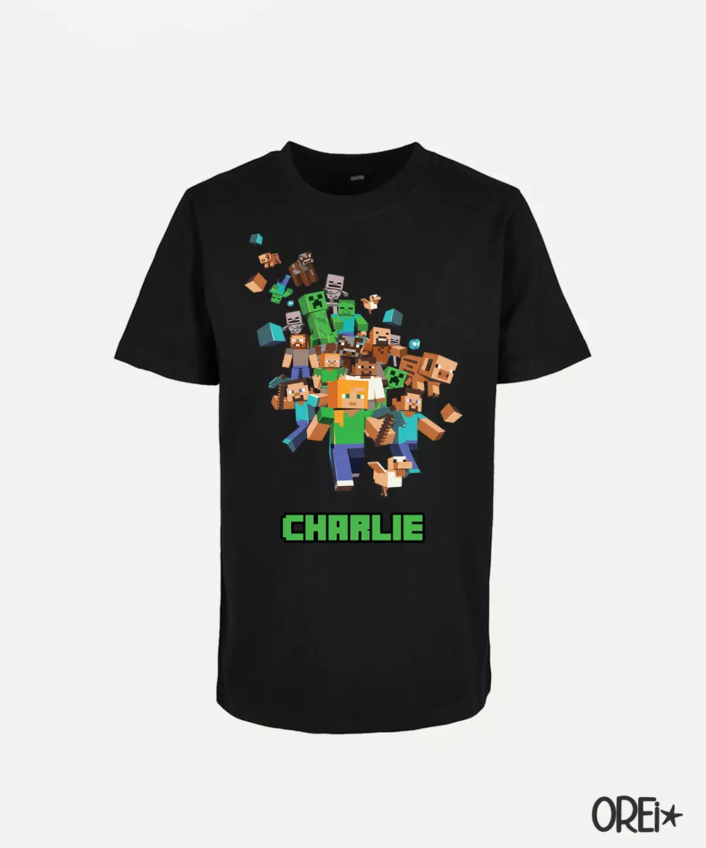 Personalised Kids Minecraft T Shirt Boys Girls Birthday Gift Black