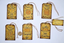 7~Halloween~Primitive~Pumpkin~Linen Cardstock~Gift~Hang~Tags