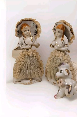 Vtg Japan 3pcs Handpainted 2 Dresden Lady Figurines Lace Dress Poodle Gold Trim