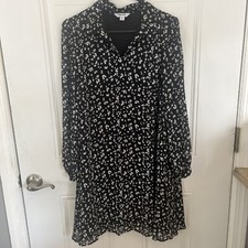 Nine West Women's Georgette Collar Black And White Print Medium Loose Straight