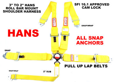 SNAP IN HANS HARNESS CAM LOCK RACING BELT SFI 16.1 5 POINT ROLL BAR MOUNT YELLOW