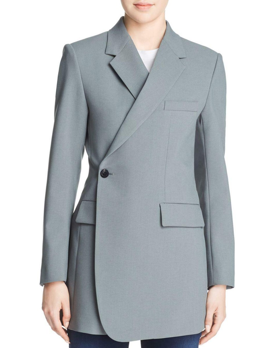 THEORY Longline Overlap Blazer Jacket 6 Pale Grey Moss Green THEORY Longline Overlap Blazer Jacket 6 Pale Grey Moss Green