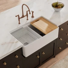 33" x 20" Fireclay-Made Farmhouse Kitchen Sink, Double Bowls & Full Accessories